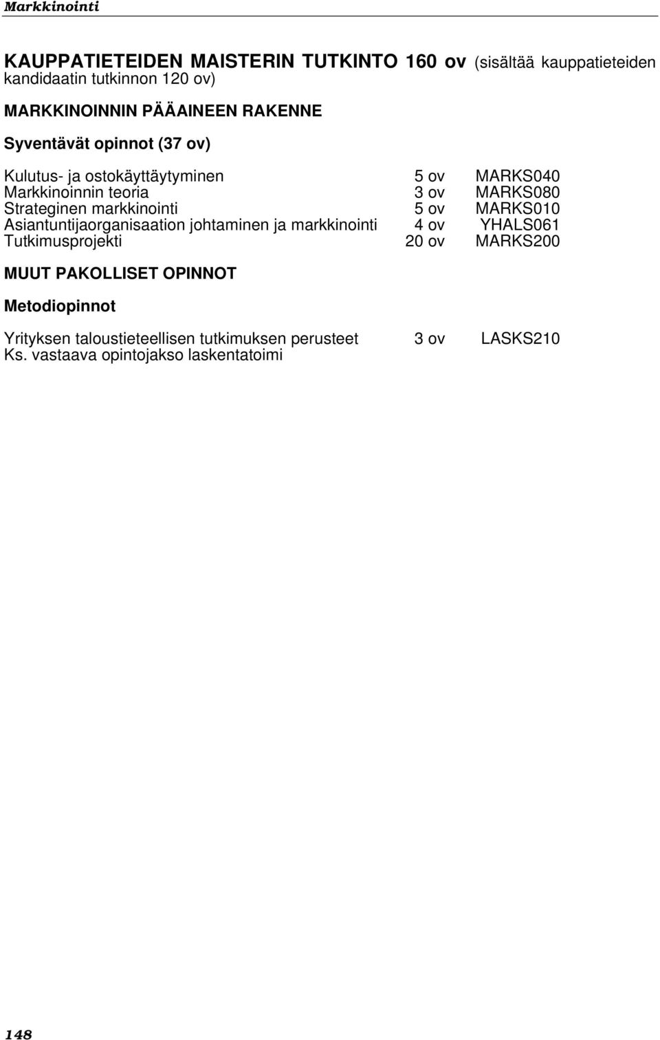 markkinointi 5 ov MARKS010 Asiantuntijaorganisaation johtaminen ja markkinointi 4 ov YHALS061 Tutkimusprojekti 20 ov MARKS200