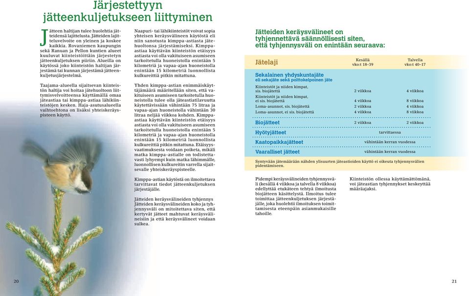 Alueilla on käytössä joko kiinteistön haltijan järjestämä tai kunnan järjestämä jätteenkuljetusjärjestelmä.