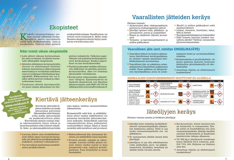 Jos astia on täynnä, vie jätteet seuraavalle lähimmälle ekopisteelle. Jätteiden jättäminen keräysastioiden viereen on ehdottomasti kielletty!