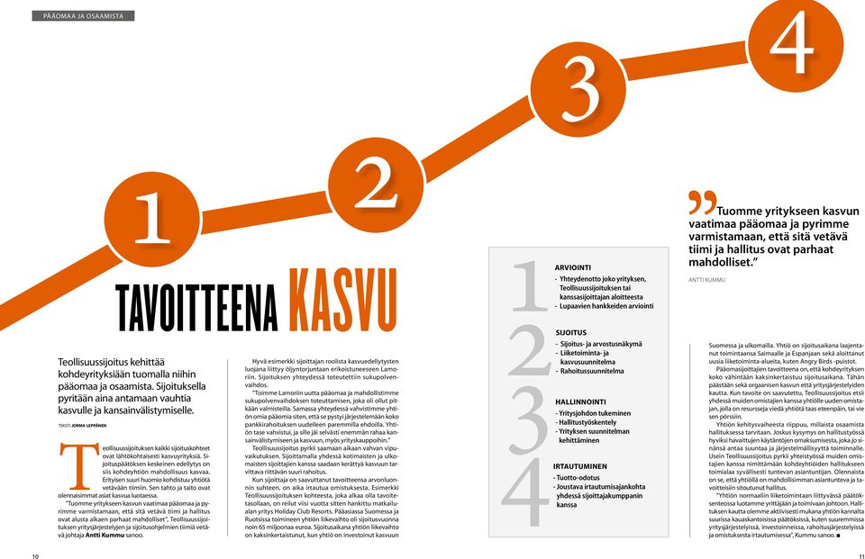 Sijoituspäätöksen keskeinen edellytys on siis kohdeyhtiön mahdollisuus kasvaa. Erityisen suuri huomio kohdistuu yhtiötä vetävään tiimiin. Sen tahto ja taito ovat olennaisimmat asiat kasvua luotaessa.