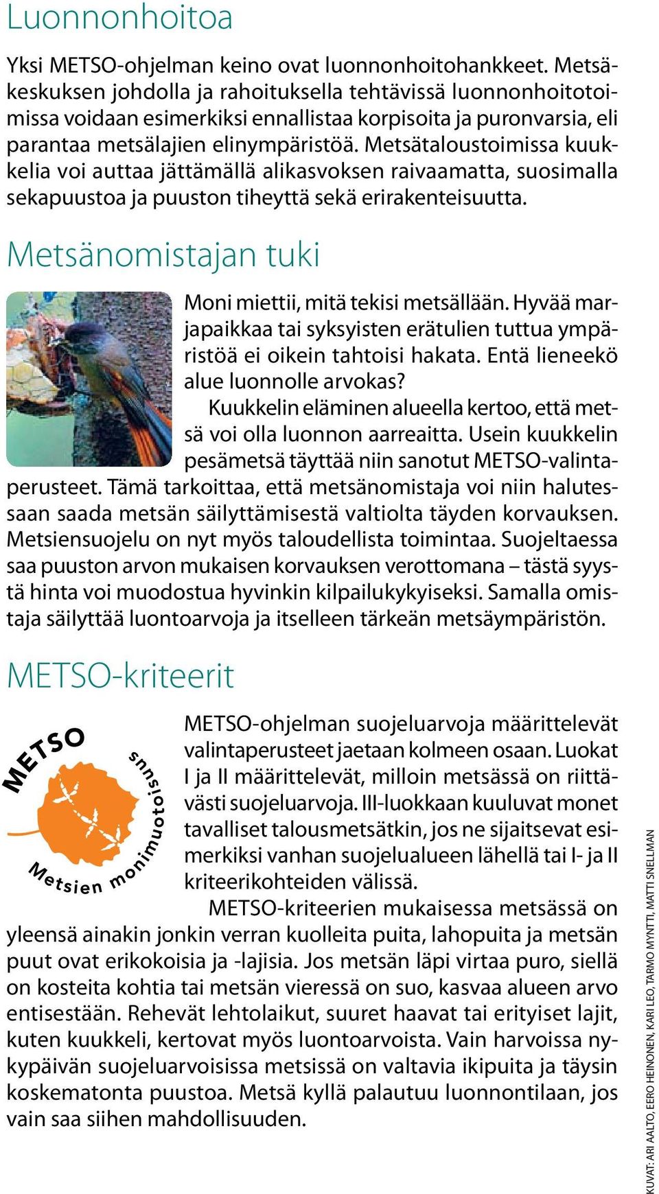 Metsätaloustoimissa kuukkelia voi auttaa jättämällä alikasvoksen raivaamatta, suosimalla sekapuustoa ja puuston tiheyttä sekä erirakenteisuutta.