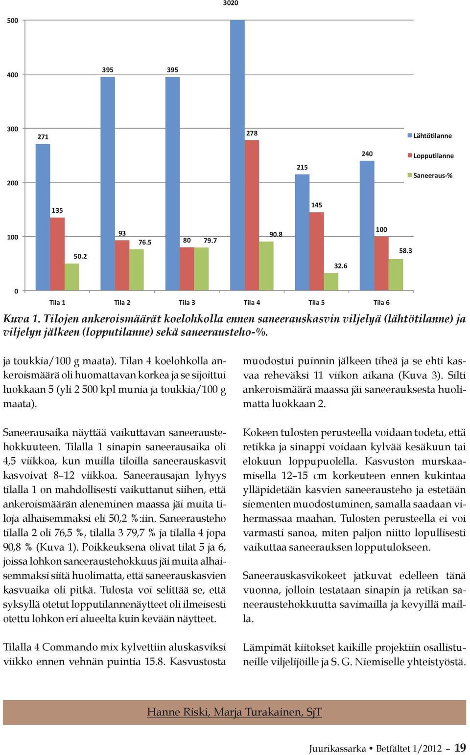 Tilan 4 koelohkolla ankeroismäärä oli huomattavan korkea ja se sijoittui luokkaan 5 (yli 2 500 kpl munia ja toukkia/100 g maata). Saneerausaika näyttää vaikuttavan saneeraustehokkuuteen.