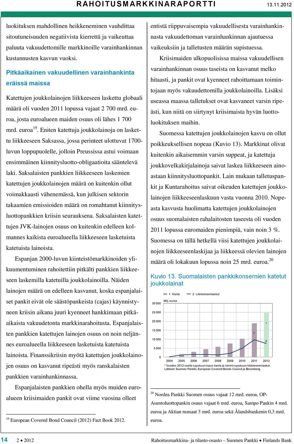 Pitkäaikainen vakuudellinen varainhankinta eräissä maissa Katettujen joukkolainojen liikkeeseen laskettu globaali määrä oli vuoden 2011 lopussa vajaat 2 700 mrd.