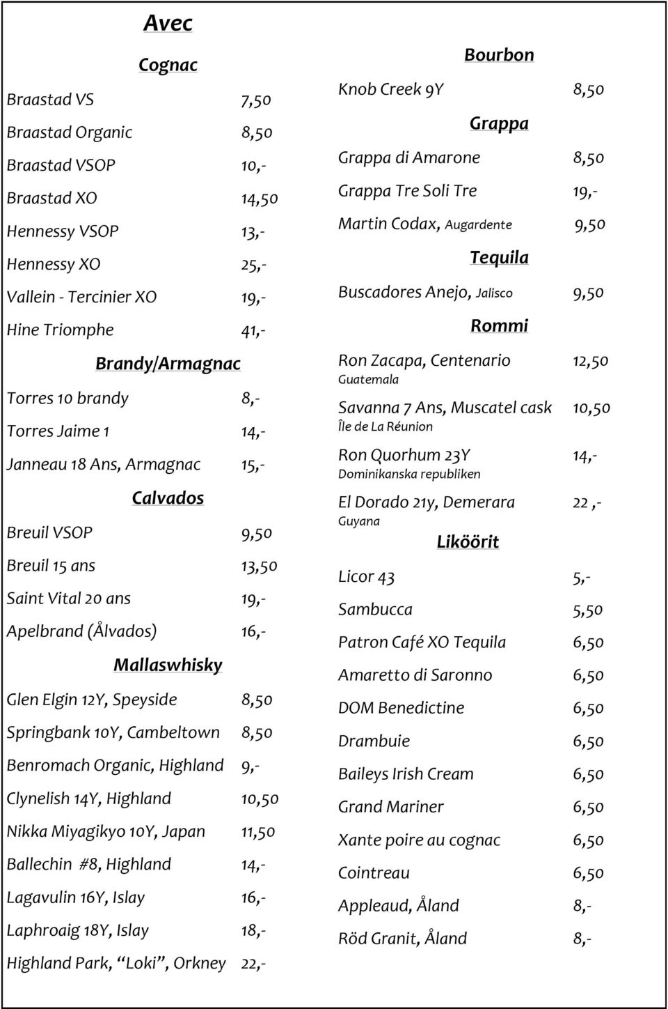 Springbank 10Y, Cambeltown 8,50 Benromach Organic, Highland 9,- Clynelish 14Y, Highland 10,50 Nikka Miyagikyo 10Y, Japan 11,50 Ballechin #8, Highland 14,- Lagavulin 16Y, Islay 16,- Laphroaig 18Y,