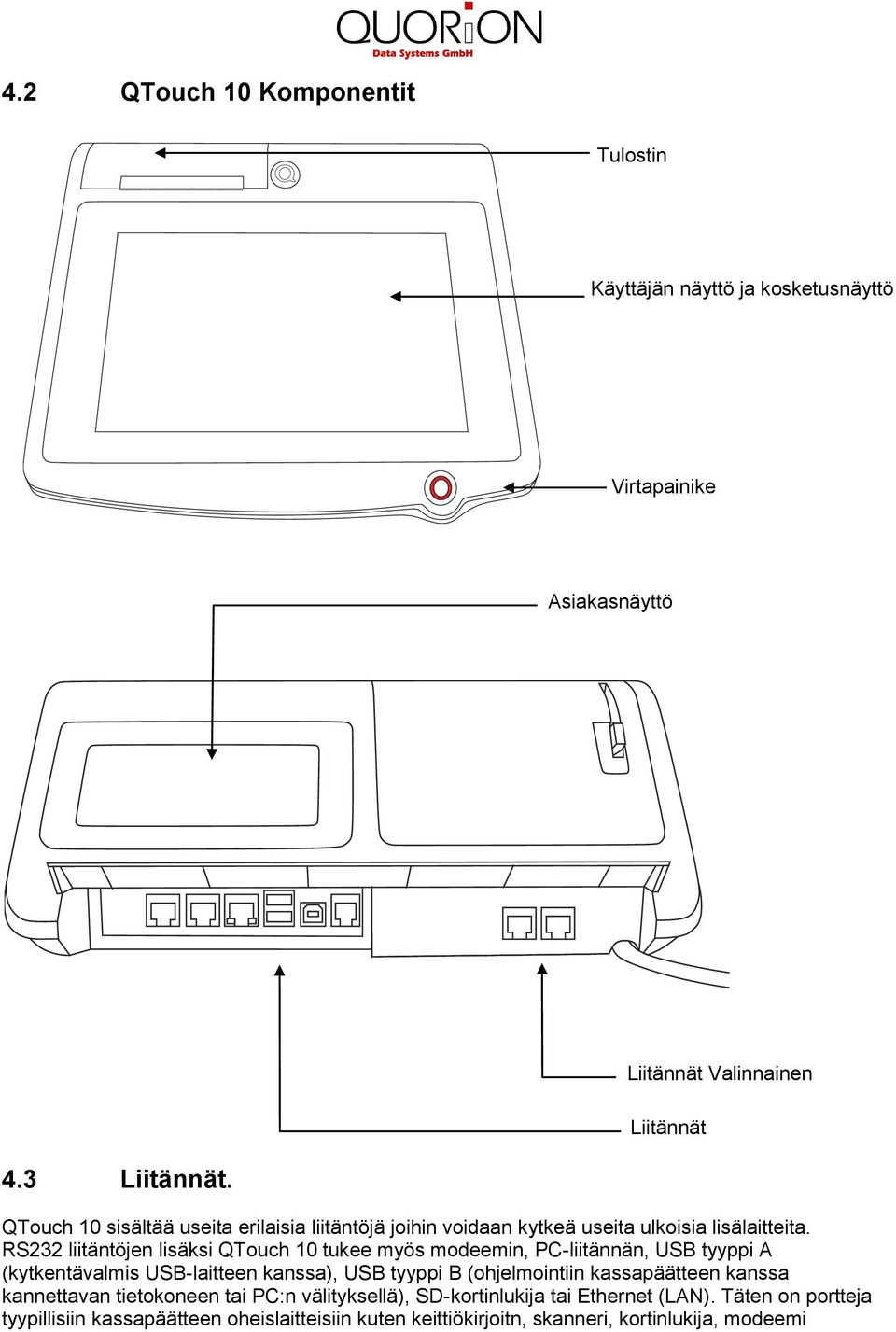 RS232 liitäntöjen lisäksi QTouch 0 tukee myös modeemin, PC-liitännän, USB tyyppi A (kytkentävalmis USB-laitteen kanssa), USB tyyppi B (ohjelmointiin