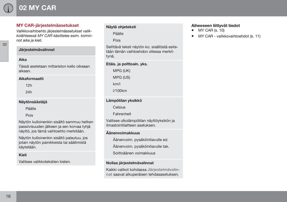 ja polttoain. yks. MPG (UK) MY CAR (s. 10) MY CAR - valikkovaihtoehdot (s.