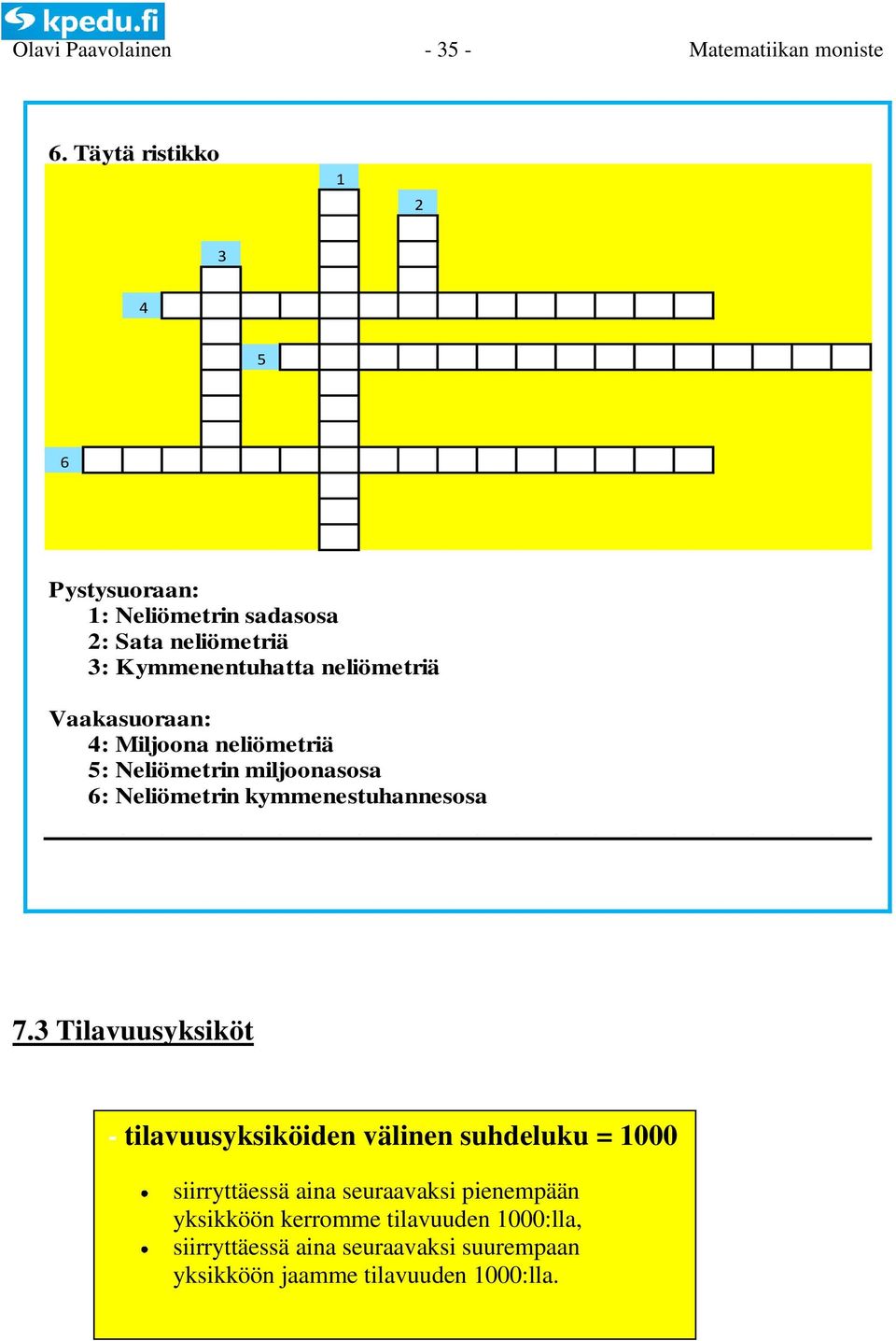 neliömetriä Vaakasuoraan: 4: Miljoona neliömetriä 5: Neliömetrin miljoonasosa 6: Neliömetrin