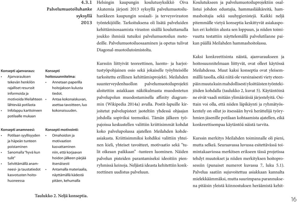 Tarkoituksena oli lisätä palveluiden pitemmälle vietyä konseptia keskittyvät asiakaspo- kehittämisosaamista viraston sisällä kouluttamalla lun eri kohtiin alusta sen loppuun, ja niiden toimi- joukko