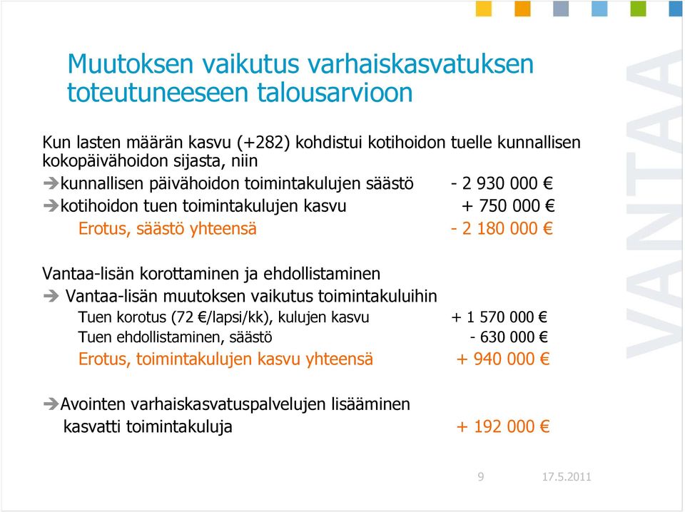 Vantaa-lisän korottaminen ja ehdollistaminen Vantaa-lisän muutoksen vaikutus toimintakuluihin Tuen korotus (72 /lapsi/kk), kulujen kasvu + 1 570 000 Tuen