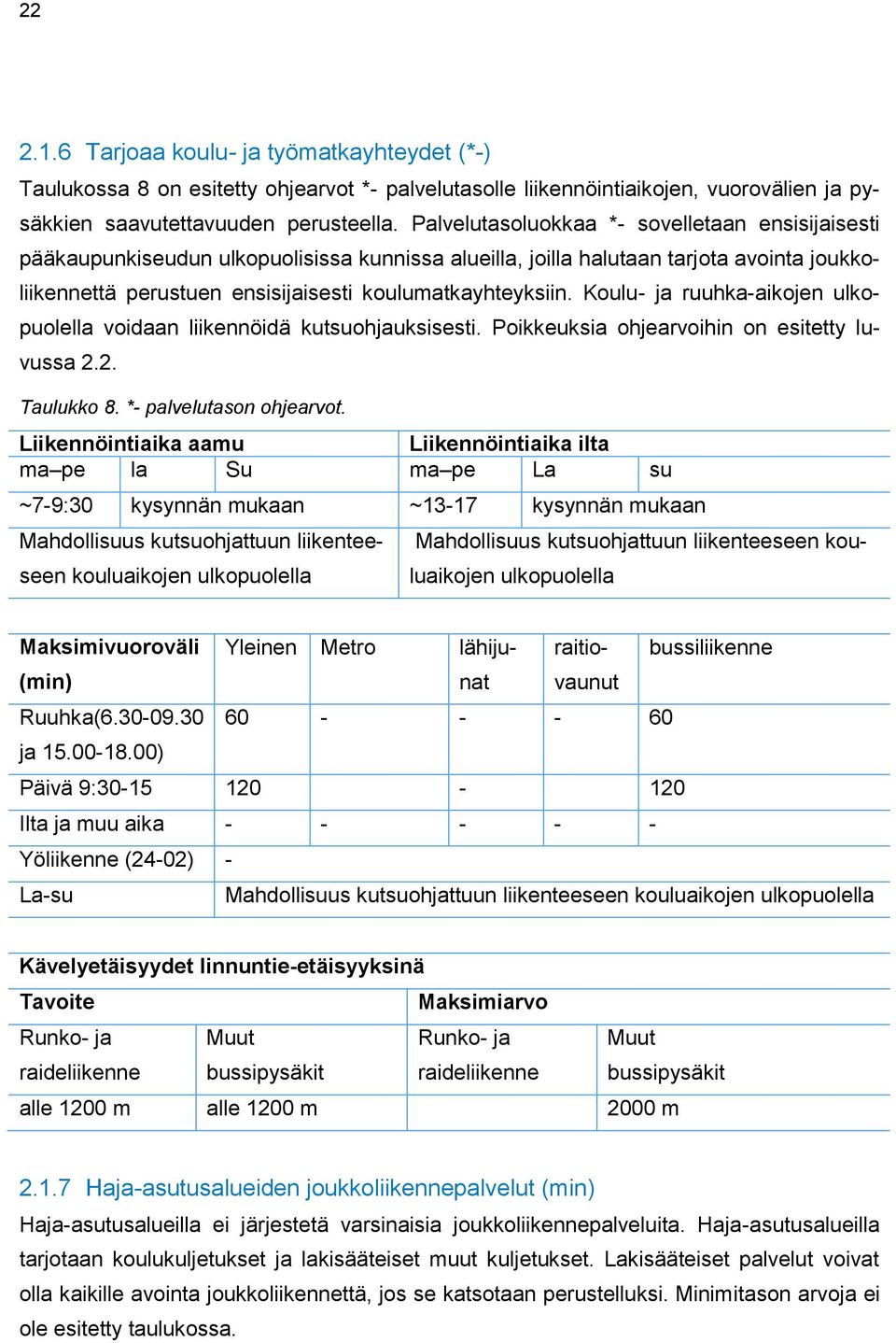 Koulu- ja ruuhka-aikojen ulkopuolella voidaan liikennöidä kutsuohjauksisesti. Poikkeuksia ohjearvoihin on esitetty luvussa 2.2. Taulukko 8. *- palvelutason ohjearvot.