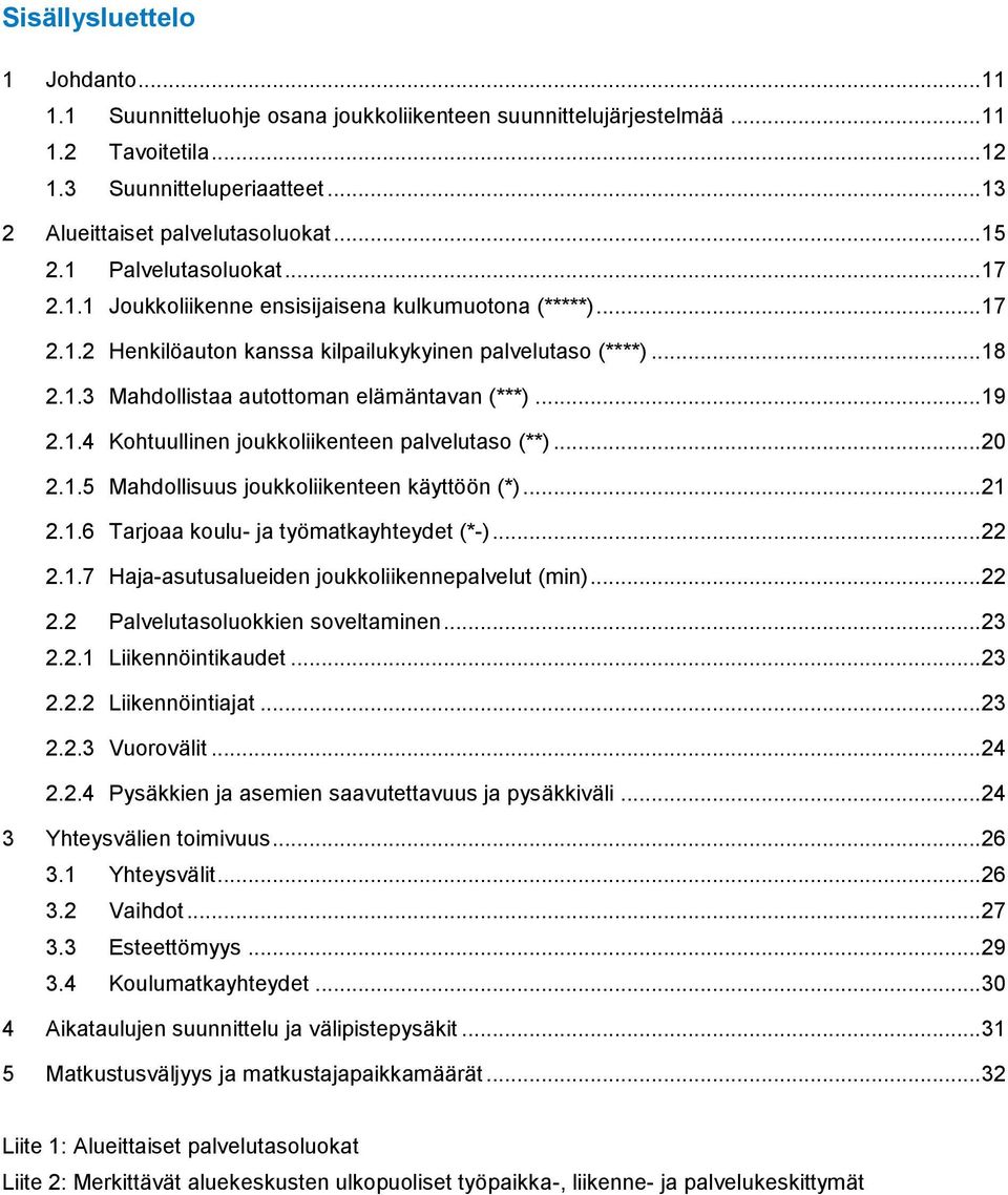 .. 19 2.1.4 Kohtuullinen joukkoliikenteen palvelutaso (**)... 20 2.1.5 Mahdollisuus joukkoliikenteen käyttöön (*)... 21 2.1.6 Tarjoaa koulu- ja työmatkayhteydet (*-)... 22 2.1.7 Haja-asutusalueiden joukkoliikennepalvelut (min).