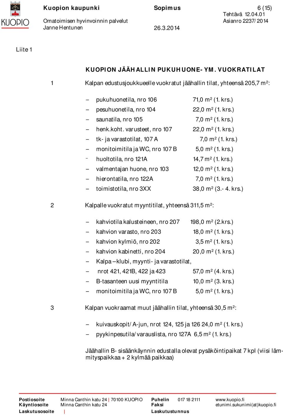 krs.) huoltotila, nro 121A 14,7 m 2 (1. krs.) valmentajan huone, nro 103 12,0 m 2 (1. krs.) hierontatila, nro 122A 7,0 m 2 (1. krs.) toimistotila, nro 3XX 38,0 m 2 (3.- 4. krs.) 2 Kalpalle vuokratut myyntitilat, yhteensä 311,5 m 2 : kahviotila kalusteineen, nro 207 198,0 m 2 (2.