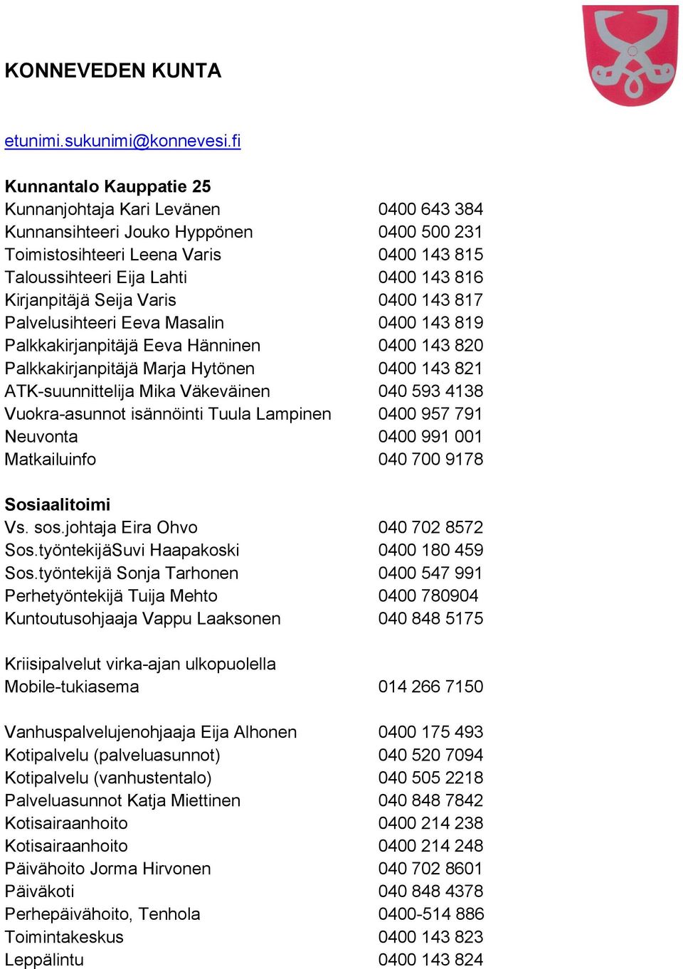 Kirjanpitäjä Seija Varis 0400 143 817 Palvelusihteeri Eeva Masalin 0400 143 819 Palkkakirjanpitäjä Eeva Hänninen 0400 143 820 Palkkakirjanpitäjä Marja Hytönen 0400 143 821 ATK-suunnittelija Mika