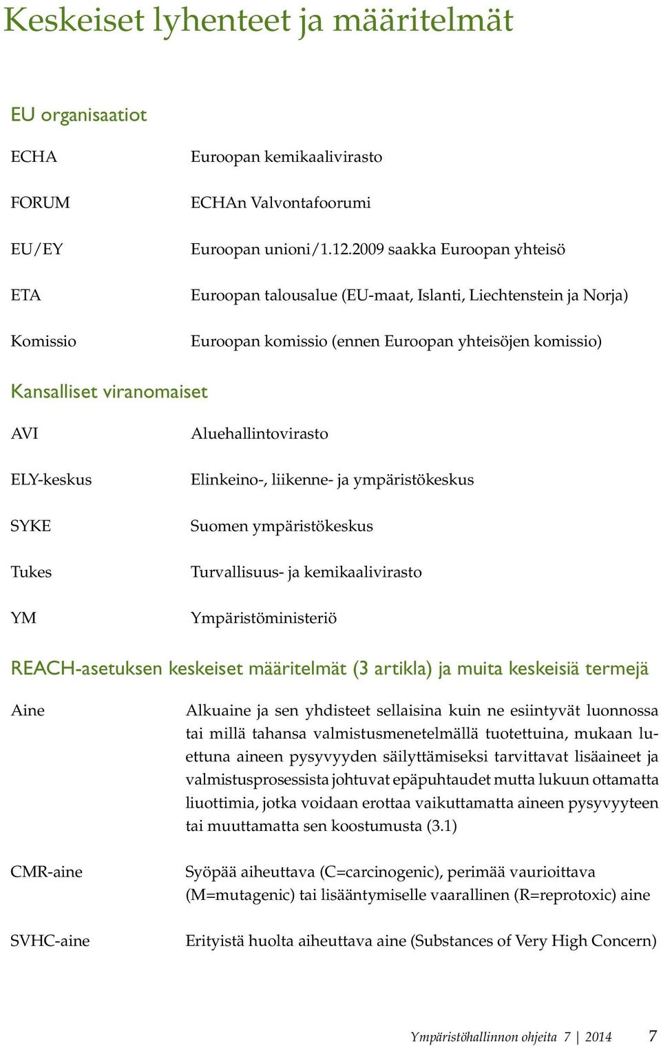 YM Aluehallintovirasto Elinkeino-, liikenne- ja ympäristökeskus Suomen ympäristökeskus Turvallisuus- ja kemikaalivirasto Ympäristöministeriö REACH-asetuksen keskeiset määritelmät (3 artikla) ja muita
