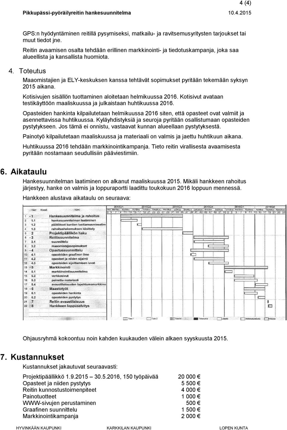 Toteutus Maaomistajien ja ELY-keskuksen kanssa tehtävät sopimukset pyritään tekemään syksyn 2015 aikana. Kotisivujen sisällön tuottaminen aloitetaan helmikuussa 2016.