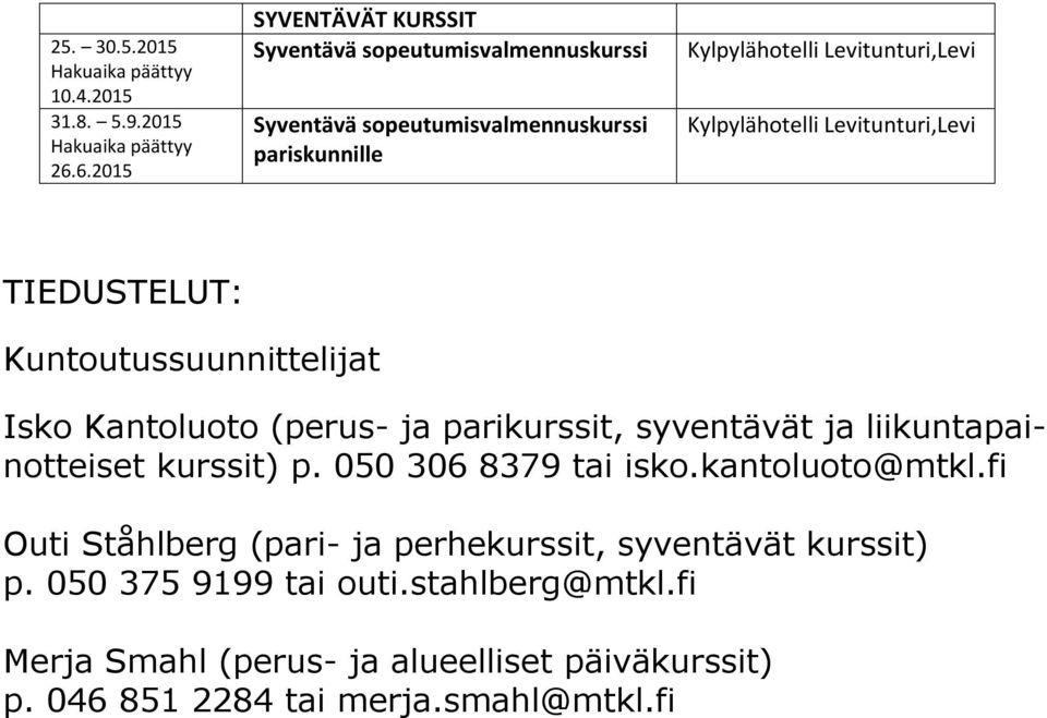 Kylpylähotelli Levitunturi,Levi TIEDUSTELUT: Kuntoutussuunnittelijat Isko Kantoluoto (perus- ja parikurssit, syventävät ja liikuntapainotteiset