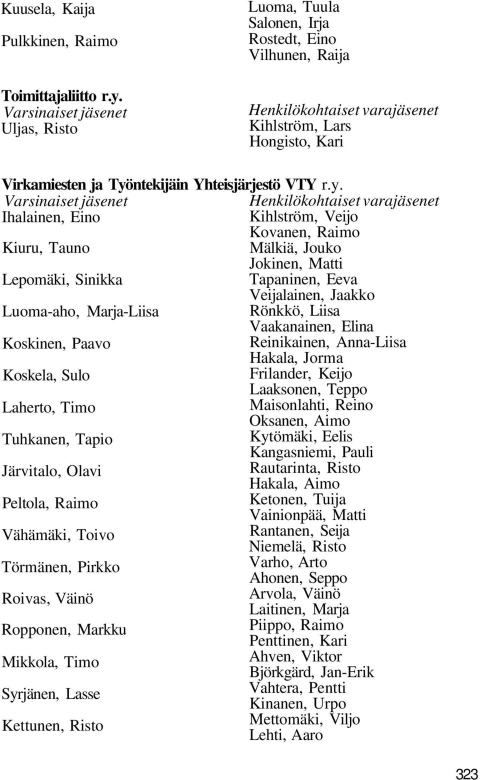 Ihalainen, Eino Kiuru, Tauno Lepomäki, Sinikka Luoma-aho, Marja-Liisa Koskinen, Paavo Koskela, Sulo Laherto, Timo Tuhkanen, Tapio Järvitalo, Olavi Peltola, Raimo Vähämäki, Toivo Törmänen, Pirkko