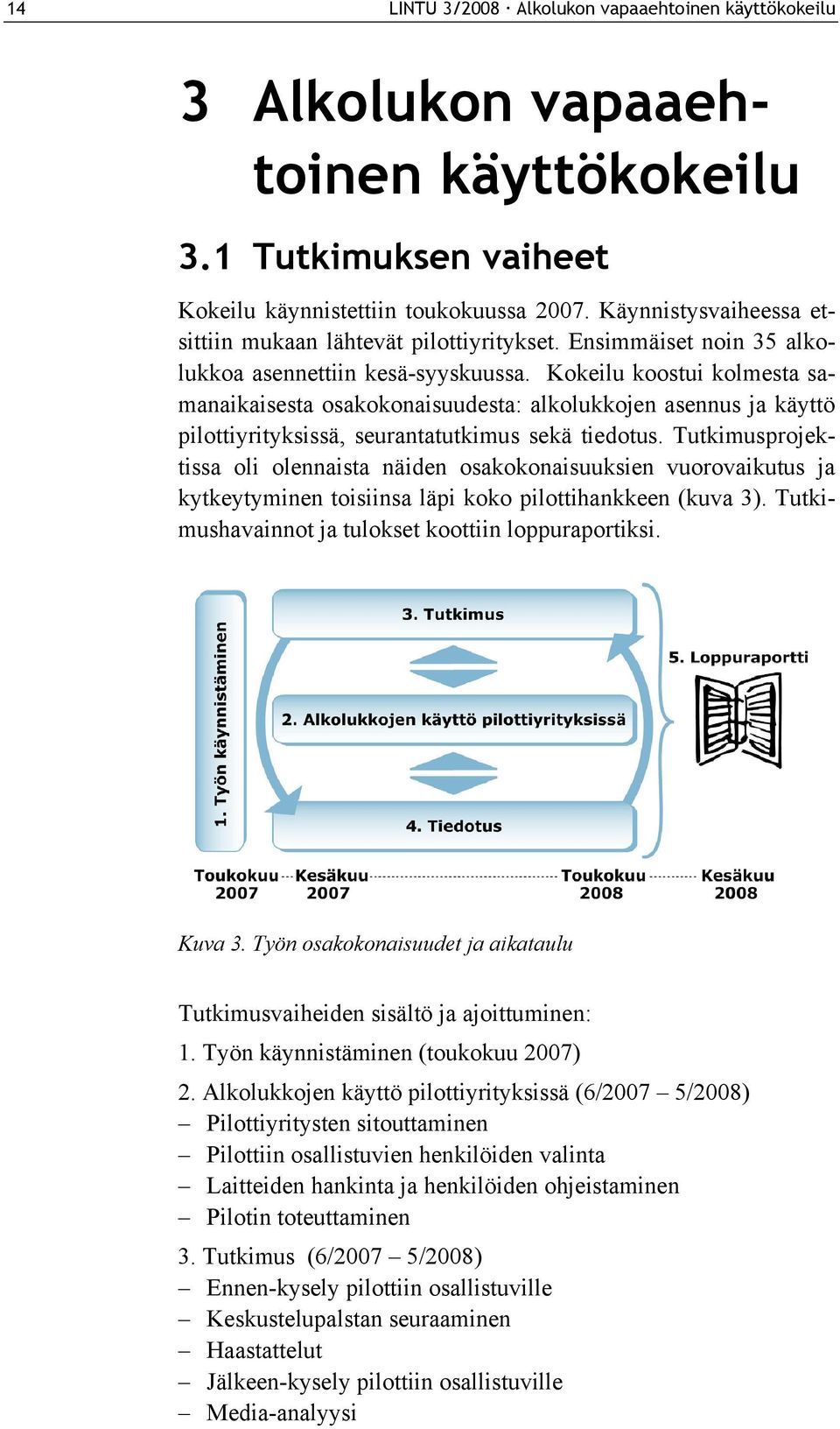 Kokeilu koostui kolmesta samanaikaisesta osakokonaisuudesta: alkolukkojen asennus ja käyttö pilottiyrityksissä, seurantatutkimus sekä tiedotus.