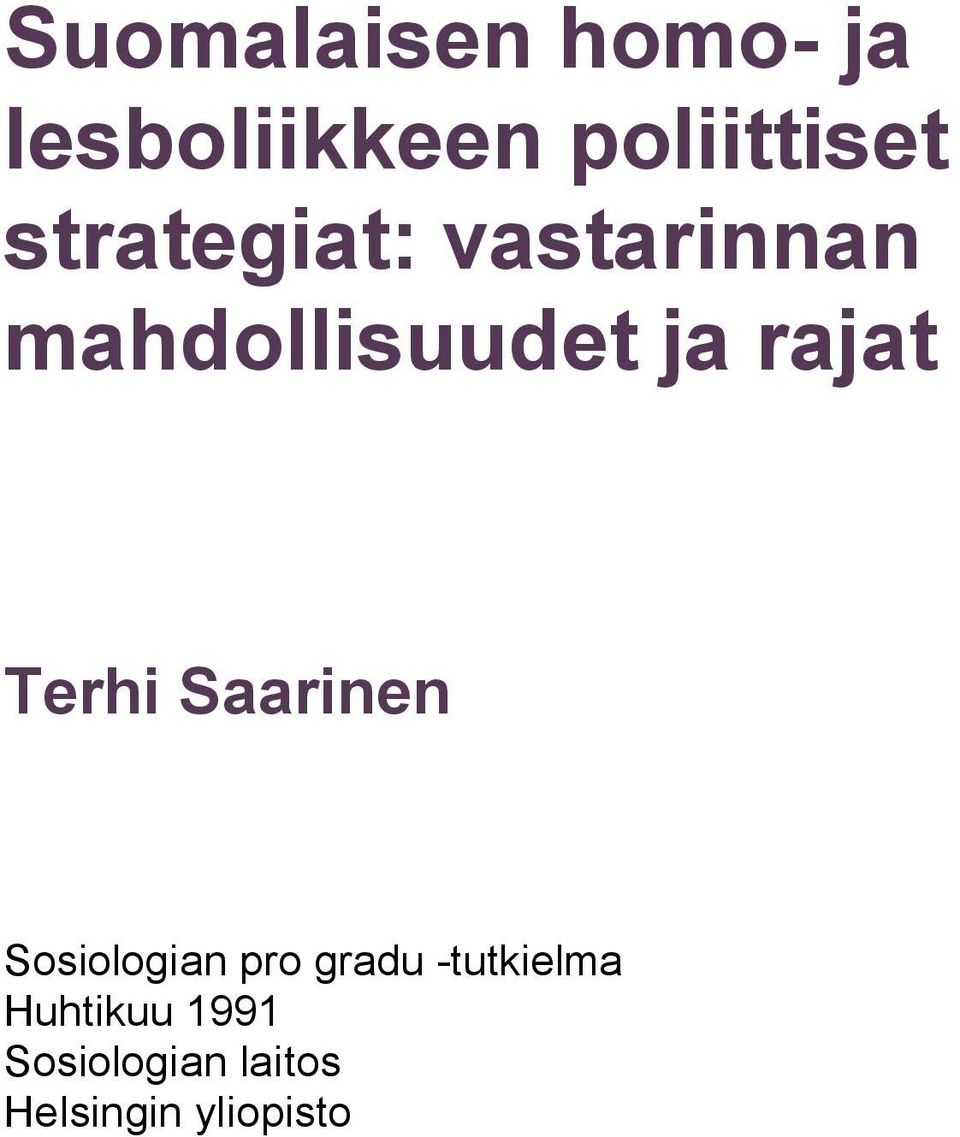 Terhi Saarinen Sosiologian pro gradu -tutkielma