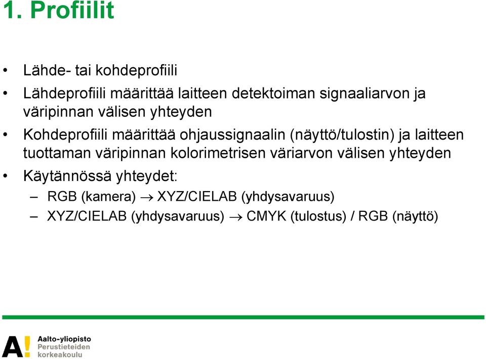 (näyttö/tulostin) ja laitteen tuottaman väripinnan kolorimetrisen väriarvon välisen yhteyden