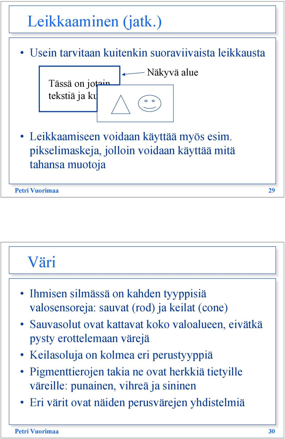 pikselimaskeja, jolloin voidaan käyttää mitä tahansa muotoja Petri Vuorimaa 29 Väri Ihmisen silmässä on kahden tyyppisiä valosensoreja: sauvat (rod)