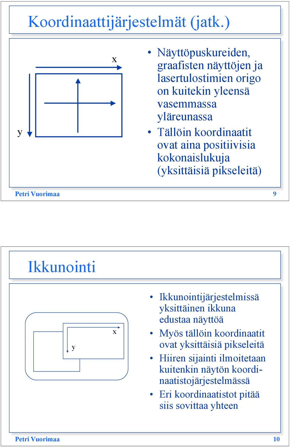 koordinaatit ovat aina positiivisia kokonaislukuja (yksittäisiä pikseleitä) Petri Vuorimaa 9 Ikkunointi y x