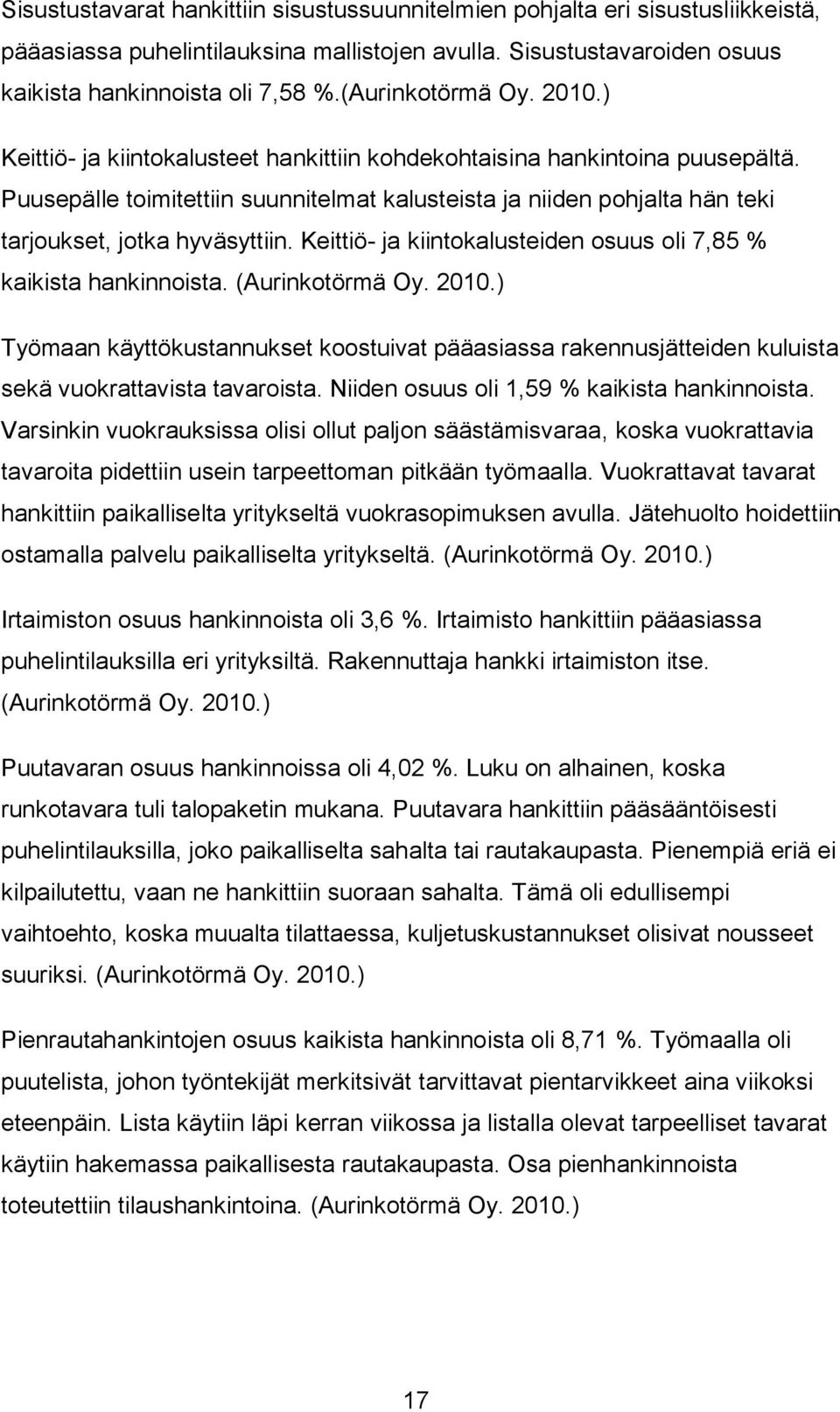 Puusepälle toimitettiin suunnitelmat kalusteista ja niiden pohjalta hän teki tarjoukset, jotka hyväsyttiin. Keittiö- ja kiintokalusteiden osuus oli 7,85 % kaikista hankinnoista. (Aurinkotörmä Oy.