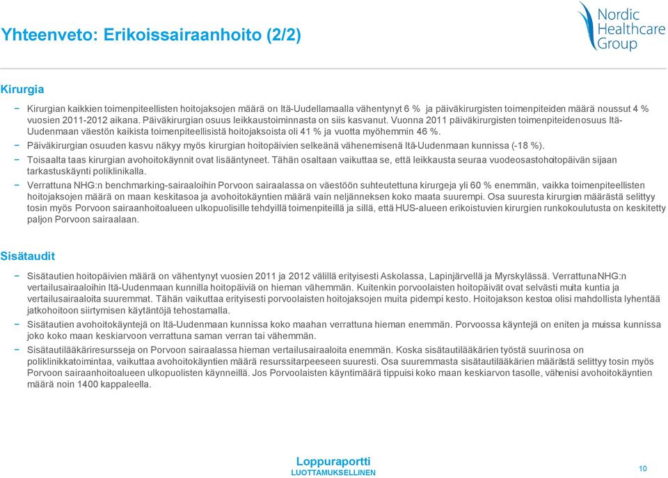 Vuonna 2011 päiväkirurgisten toimenpiteiden osuus Itä- Uudenmaan väestön kaikista toimenpiteellisistä hoitojaksoista oli 41 % ja vuotta myöhemmin 46 %.