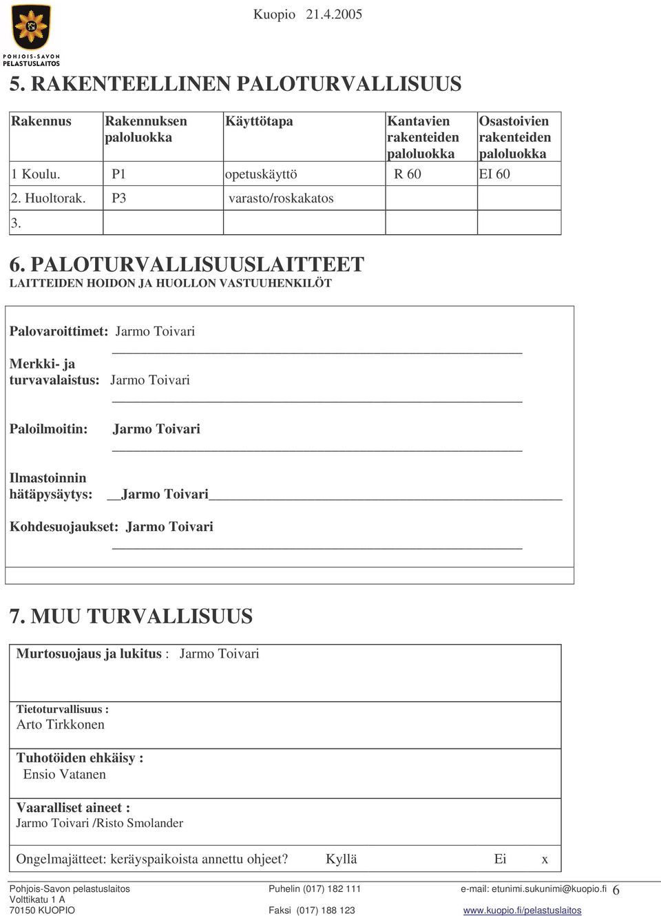 PALOTURVALLISUUSLAITTEET LAITTEIDEN HOIDON JA HUOLLON VASTUUHENKILÖT Palovaroittimet: Jarmo Toivari Merkki- ja turvavalaistus: Jarmo Toivari Paloilmoitin: Ilmastoinnin