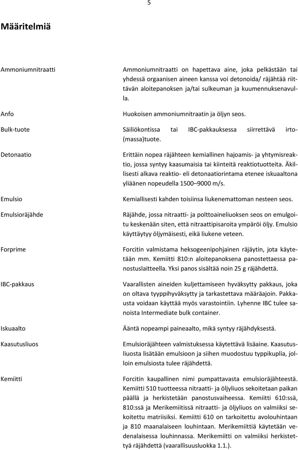 Detonaatio Emulsio Emulsioräjähde Forprime IBC-pakkaus Iskuaalto Kaasutusliuos Kemiitti Erittäin nopea räjähteen kemiallinen hajoamis- ja yhtymisreaktio, jossa syntyy kaasumaisia tai kiinteitä