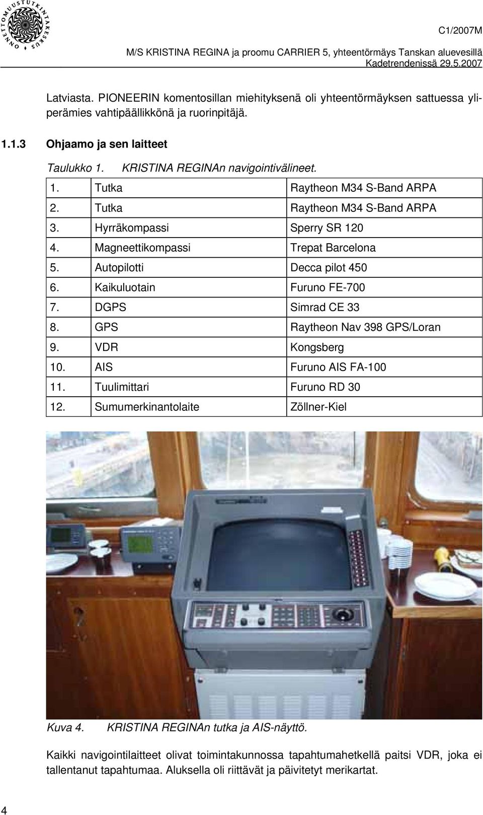 Autopilotti Decca pilot 450 6. Kaikuluotain Furuno FE-700 7. DGPS Simrad CE 33 8. GPS Raytheon Nav 398 GPS/Loran 9. VDR Kongsberg 10. AIS Furuno AIS FA-100 11. Tuulimittari Furuno RD 30 12.