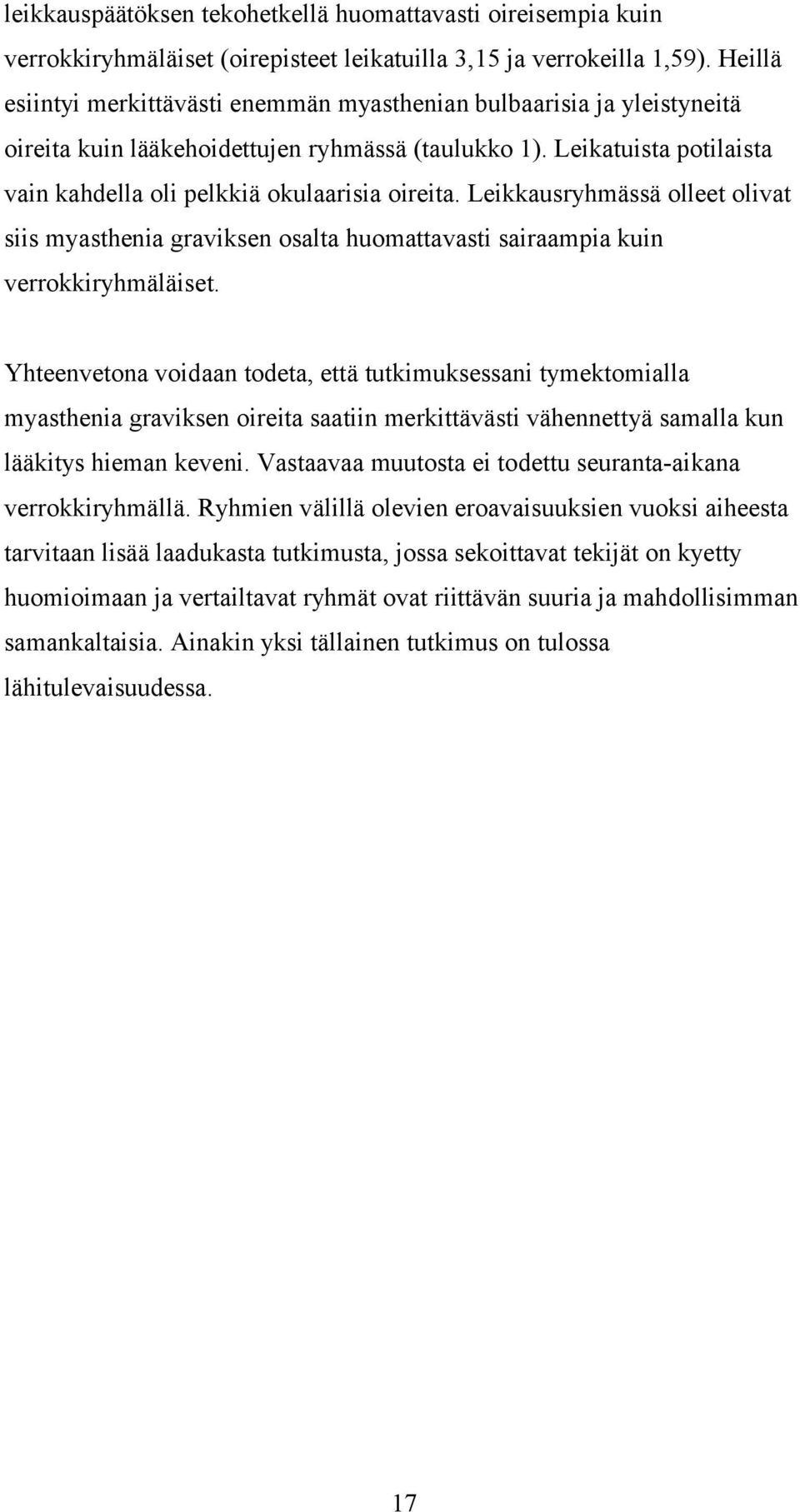 Leikkausryhmässä olleet olivat siis myasthenia graviksen osalta huomattavasti sairaampia kuin verrokkiryhmäläiset.