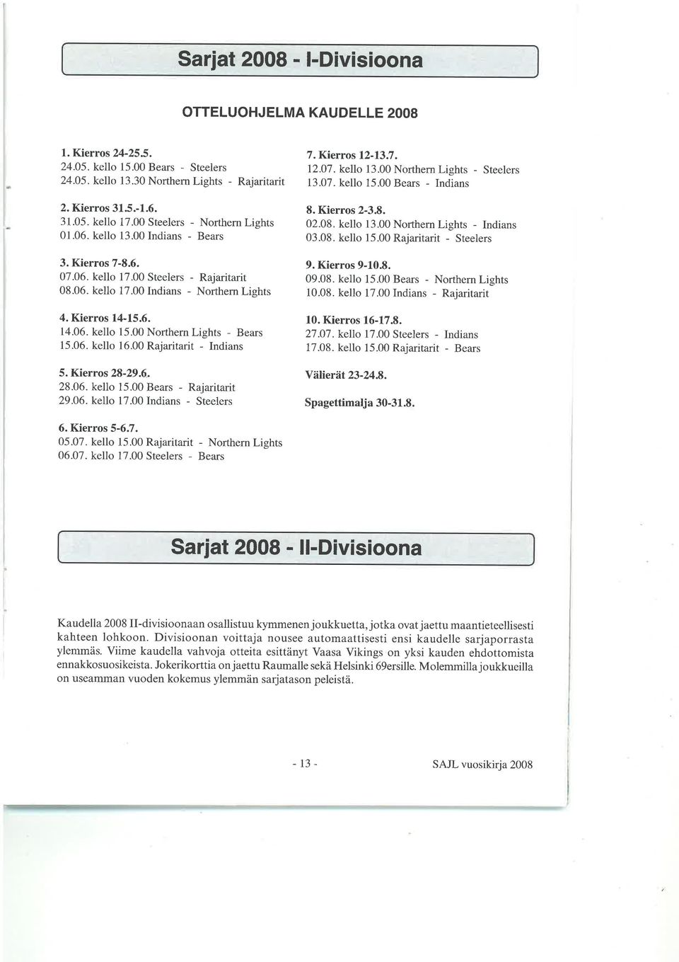 00 NorthernLights - Bears 15.06. kello 16.00 Rajaritarir - ndians 7. Kierros 12-13.7. 12.07. kello 13.00 Northern Lights - Steelers 13.07. kello 15.00 Bears - ndians 8. Kierros 2-3.8. 02.08. kello 13.00 Northern Lights - ndians 03.