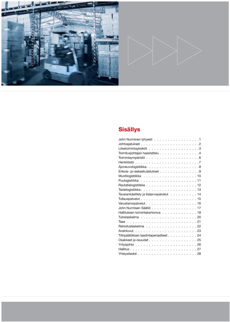 .................... 11 Rautatielogistiikka................... 12 Taidelogistiikka..................... 13 Tavarankäsittely ja lisäarvopalvelut.......... 14 Tullauspalvelut..................... 15 Varustamopalvelut.