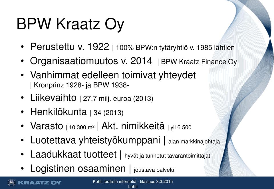 27,7 milj. euroa (2013) Henkilökunta 34 (2013) Varasto 10 300 m 2 Akt.