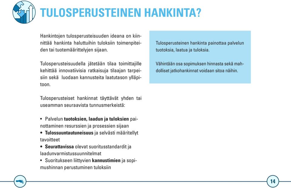 Tulosperusteinen hankinta painottaa palvelun tuotoksia, laatua ja tuloksia. Vähintään osa sopimuksen hinnasta sekä mahdolliset jatkohankinnat voidaan sitoa näihin.