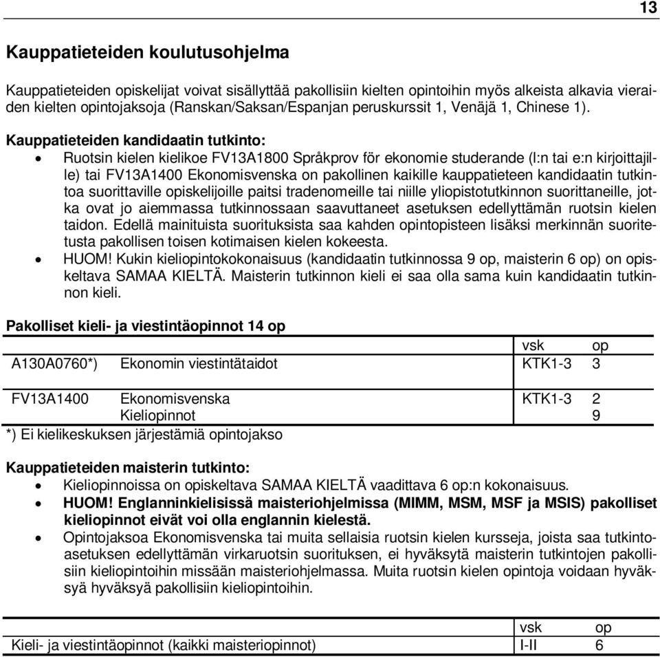 Kauppatieteiden kandidaatin tutkinto: Ruotsin kielen kielikoe FV13A1800 Språkprov för ekonomie studerande (l:n tai e:n kirjoittajille) tai FV13A1400 Ekonomisvenska on pakollinen kaikille