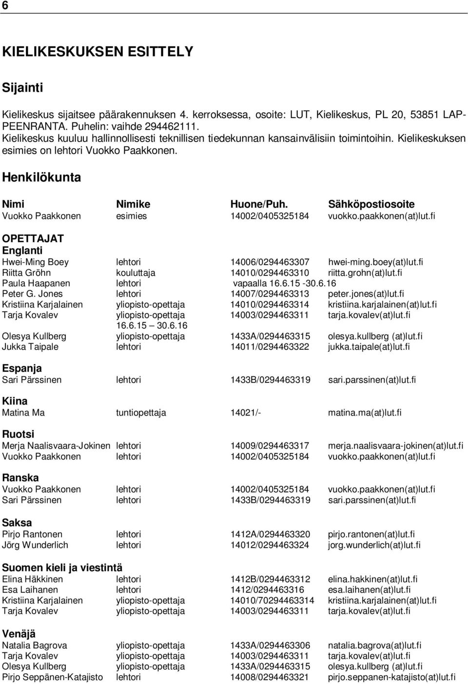 Sähköpostiosoite Vuokko Paakkonen esimies 14002/0405325184 vuokko.paakkonen(at)lut.fi OPETTAJAT Englanti Hwei-Ming Boey lehtori 14006/0294463307 hwei-ming.boey(at)lut.