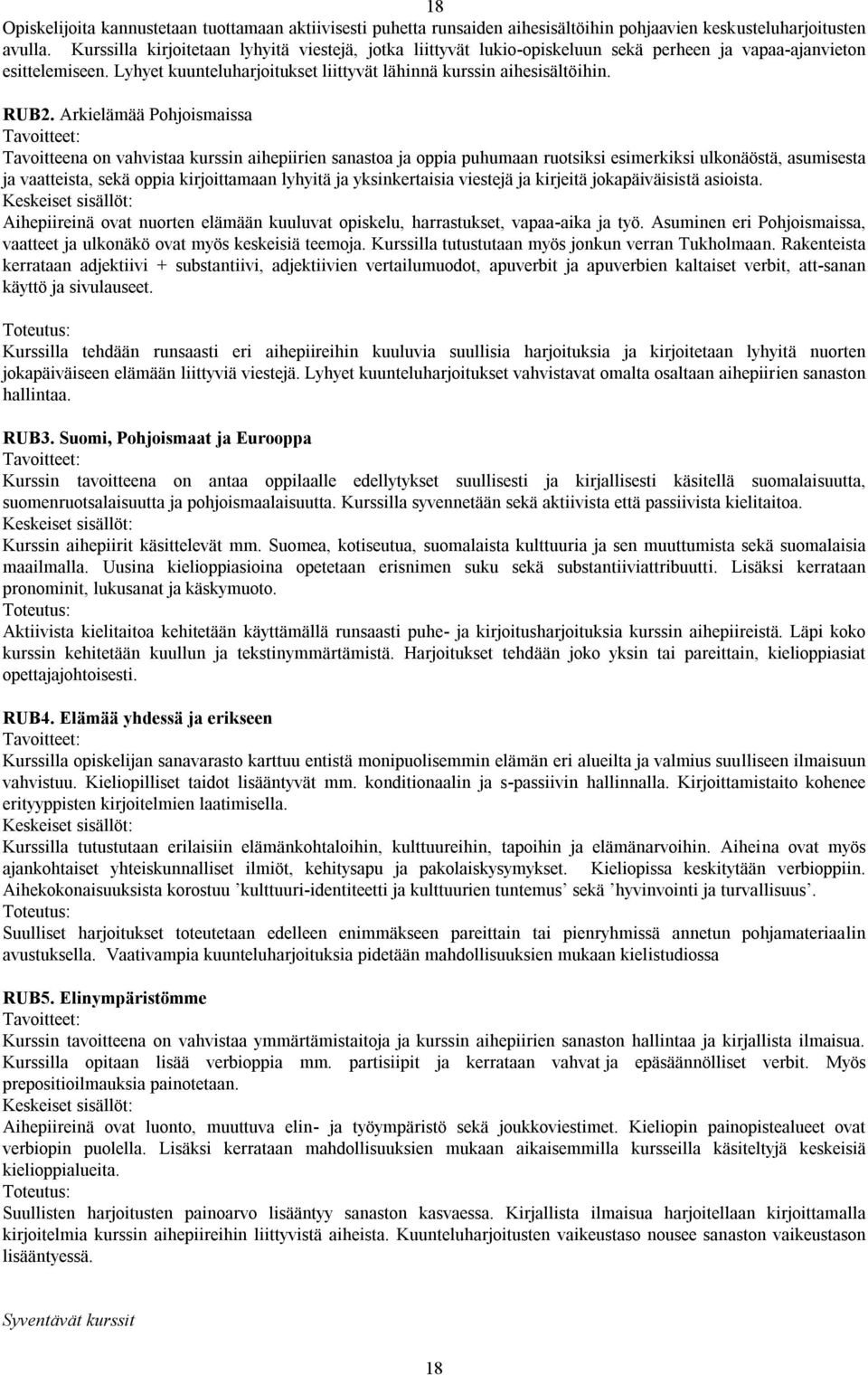 Arkielämää Pohjoismaissa Tavoitteena on vahvistaa kurssin aihepiirien sanastoa ja oppia puhumaan ruotsiksi esimerkiksi ulkonäöstä, asumisesta ja vaatteista, sekä oppia kirjoittamaan lyhyitä ja