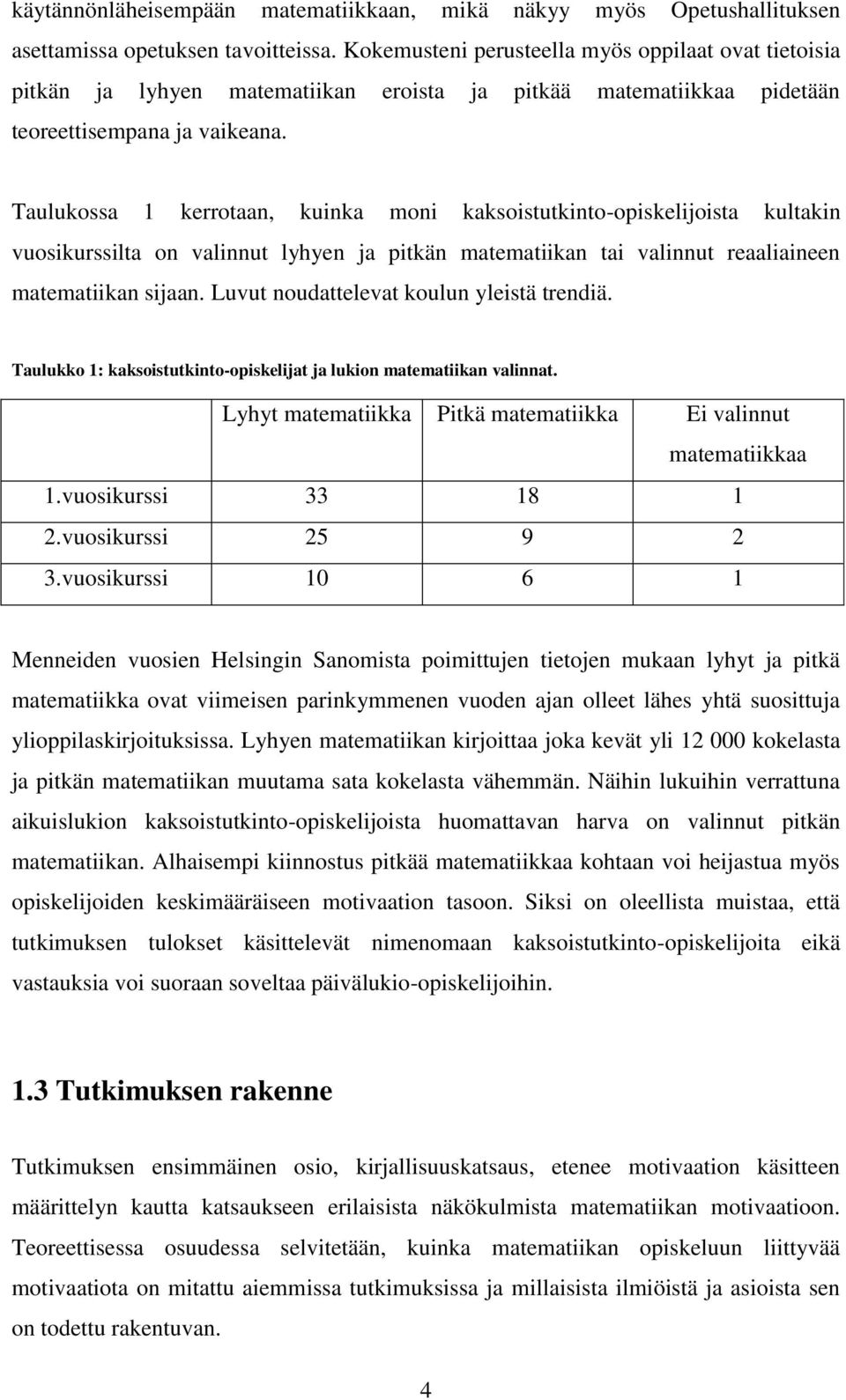 Taulukossa 1 kerrotaan, kuinka moni kaksoistutkinto-opiskelijoista kultakin vuosikurssilta on valinnut lyhyen ja pitkän matematiikan tai valinnut reaaliaineen matematiikan sijaan.