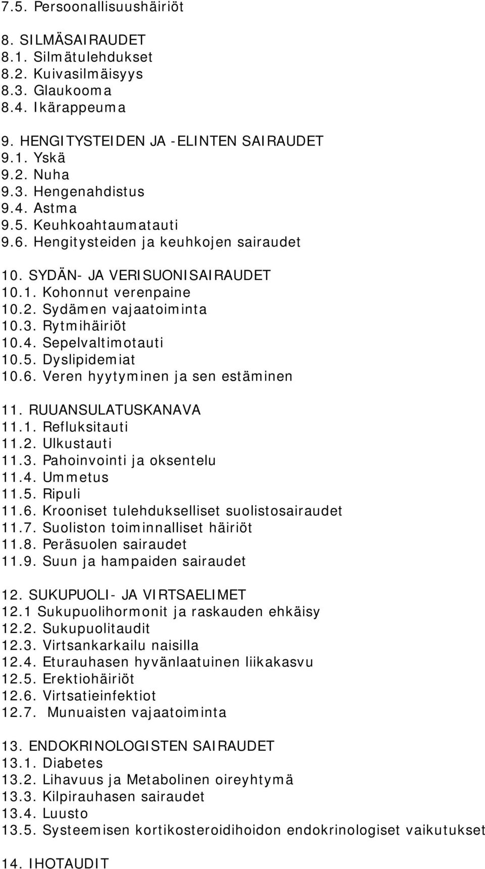 5. Dyslipidemiat 10.6. Veren hyytyminen ja sen estäminen 11. RUUANSULATUSKANAVA 11.1. Refluksitauti 11.2. Ulkustauti 11.3. Pahoinvointi ja oksentelu 11.4. Ummetus 11.5. Ripuli 11.6. Krooniset tulehdukselliset suolistosairaudet 11.