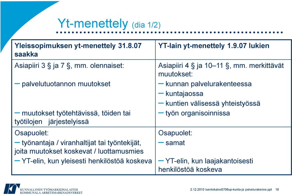 joita muutokset koskevat / luottamusmies YT-elin, kun yleisesti henkilöstöä koskeva YT-lain yt-menettely 1.9.07 lukien Asiapiiri 4 ja 10 11, mm.