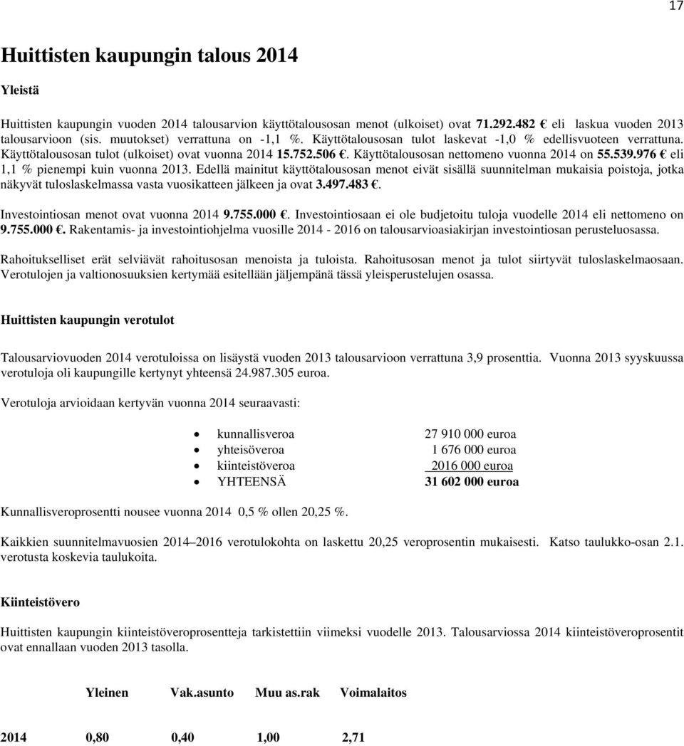 Käyttötalousosan nettomeno vuonna 2014 on 55.539.976 eli 1,1 % pienempi kuin vuonna 2013.