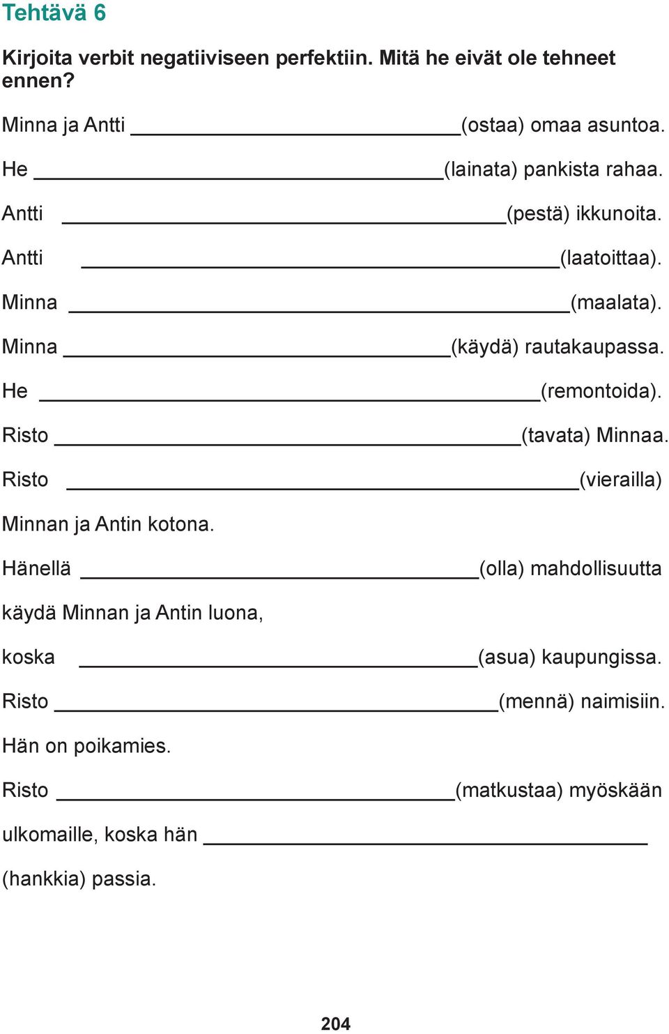 He (remontoida). Risto (tavata) Minnaa. Risto (vierailla) Minnan ja Antin kotona.