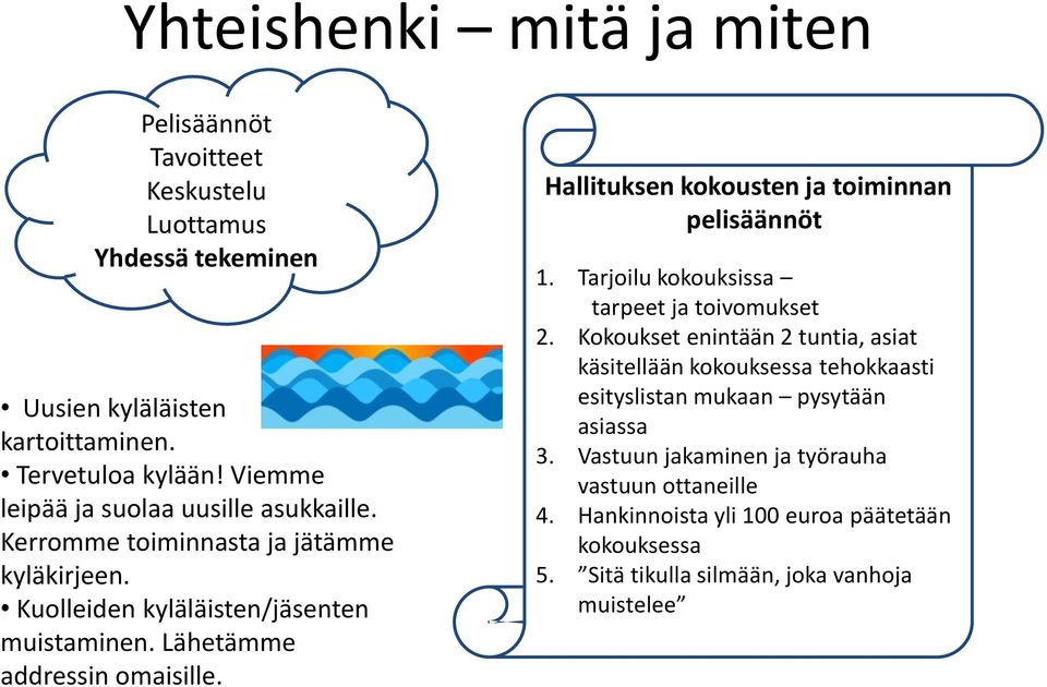 Hallituksen kokousten ja toiminnan pelisäännöt 1. Tarjoilu kokouksissa tarpeet ja toivomukset 2.