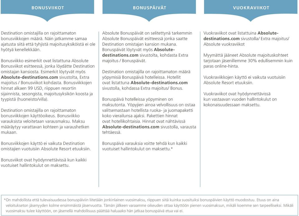 com sivustolta, Extra majoitus / Bonusviikot kohdasta. Bonusviikkojen hinnat alkaen 99 USD, riippuen resortin sijainnista, sesongista, majoitusyksikön koosta ja tyypistä (huoneisto/villa).