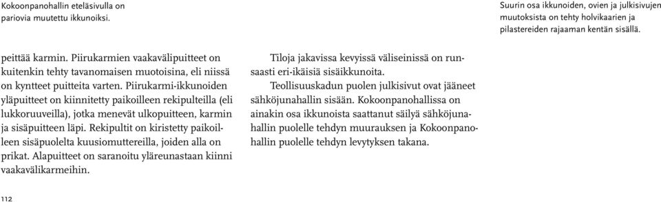 Piirukarmi-ikkunoiden yläpuitteet on kiinnitetty paikoilleen rekipulteilla (eli lukkoruuveilla), jotka menevät ulkopuitteen, karmin ja sisäpuitteen läpi.