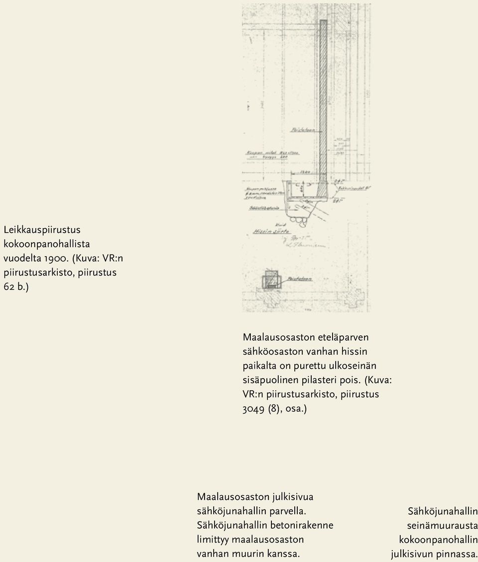 (Kuva: VR:n piirustusarkisto, piirustus 3049 (8), osa.) Maalausosaston julkisivua sähköjunahallin parvella.