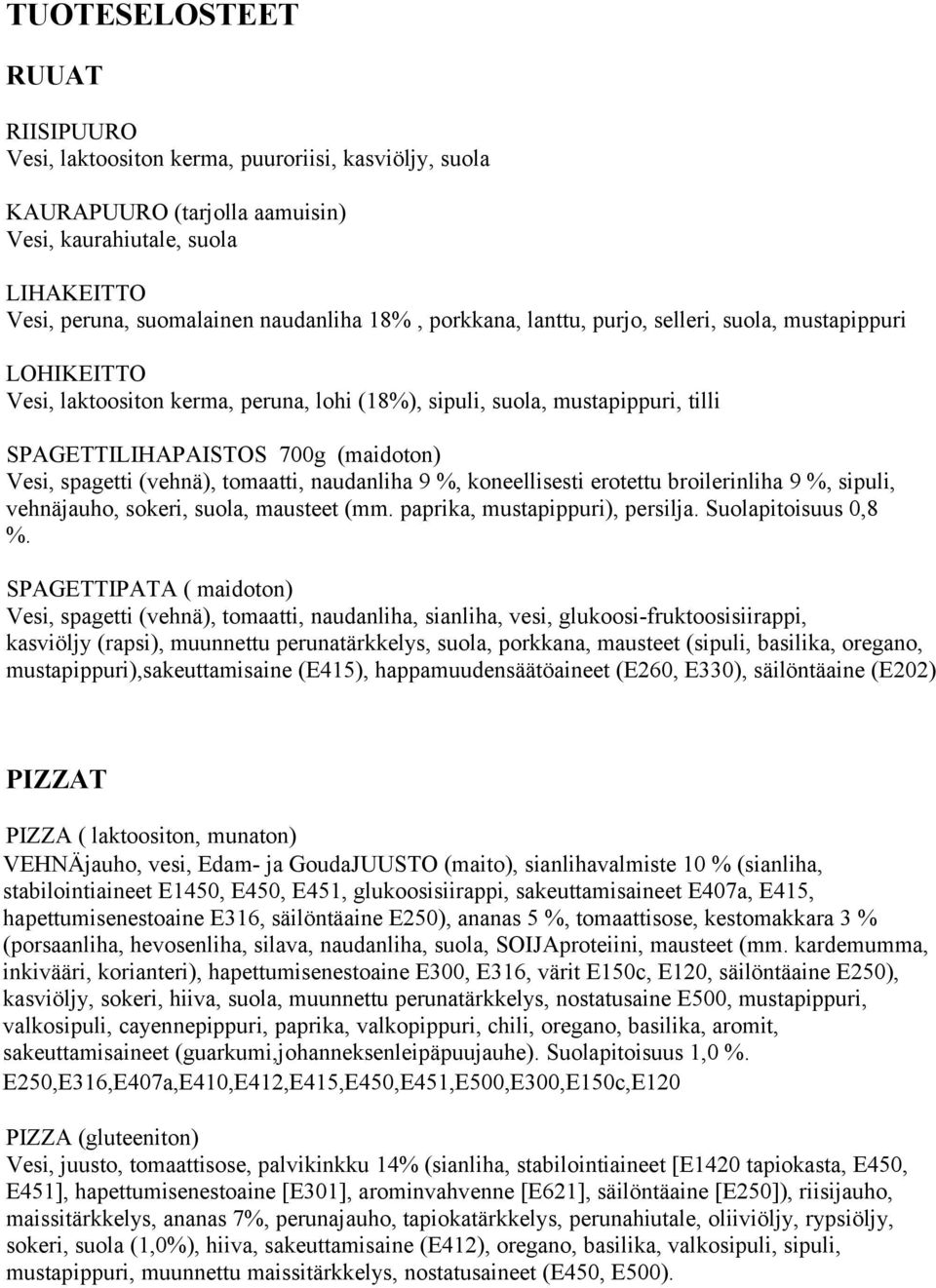 (vehnä), tomaatti, naudanliha 9 %, koneellisesti erotettu broilerinliha 9 %, sipuli, vehnäjauho, sokeri, suola, mausteet (mm. paprika, mustapippuri), persilja. Suolapitoisuus 0,8 %.