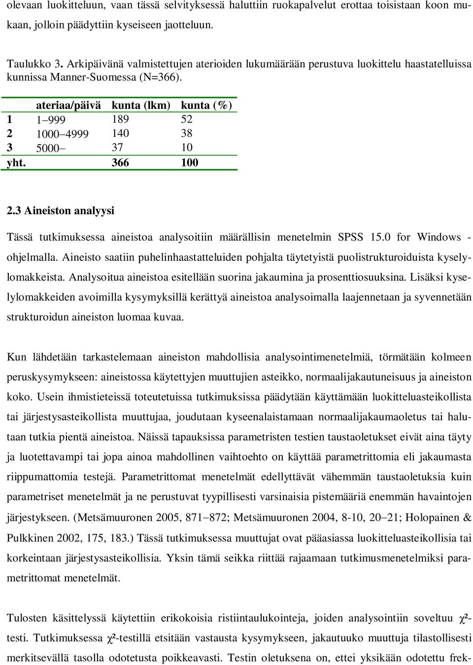 ateriaa/päivä kunta (lkm) kunta (%) 1 1 999 189 52 2 1000 4999 140 38 3 5000 37 10 yht. 366 100 2.3 Aineiston analyysi Tässä tutkimuksessa aineistoa analysoitiin määrällisin menetelmin SPSS 15.